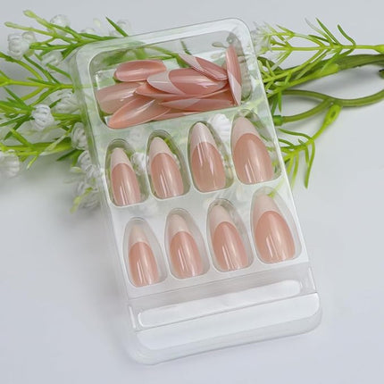 White French Tip Press on Nails Almond Medium Fake Nails Press ons with Designs Glossy Full Cover Glue on Nail Acrylic Stick on Nails for Women 24 Pcs