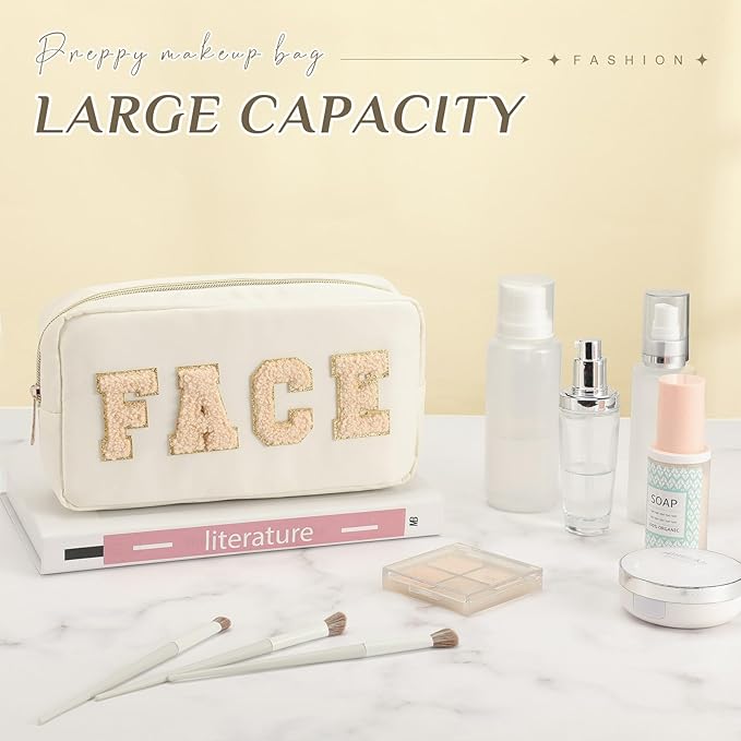 Cunno 4 Pcs Preppy Makeup Bags Chenille Letter Stuff Bag Nylon Cosmetic Pouch Cases with Zipper for Women Travel Toiletry