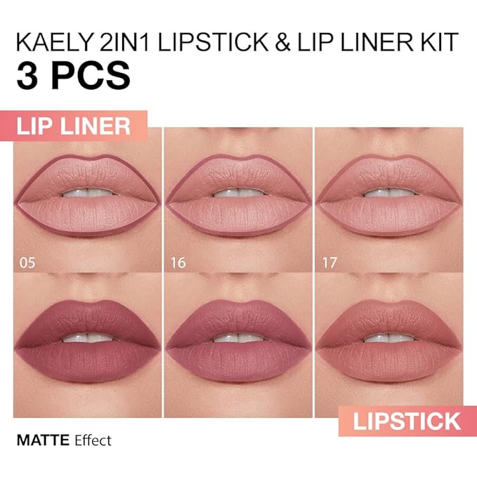 Kaely 3Pcs Gradient Matte Lipstick Lip Liner Pencil Set for Women, 2in1 Flawless Contour Gradual Ombre Effect Lip Pencil Makeup Waterproof, labiales mate 24 horas originales, 05+16+17