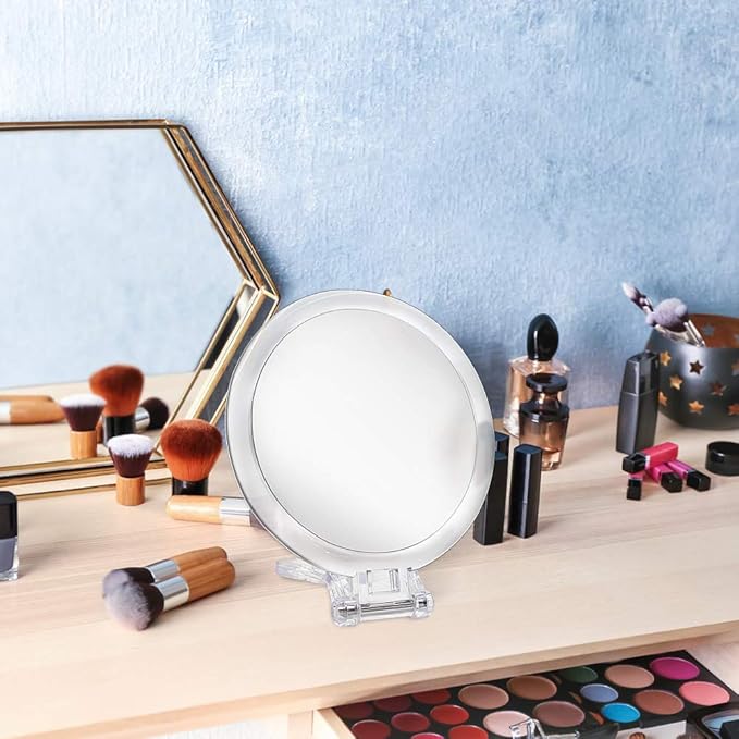 Double Sided Hand Held Mirror - 1X & 7X Magnifying Handheld Makeup Mirror with Adjustable Folding Handle, Portable, Transparent & Round (6")