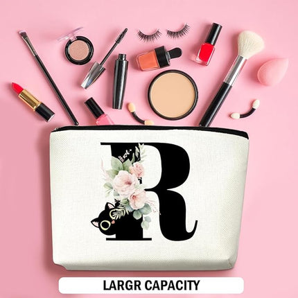 Floral Cat Initial Makeup Bag, Personalized Skin Care Bag, Travel Organizer Toiletry Bags for Women Mom Friends, Cosmetic Bags Makeup Pouch with Zipper, Letter R