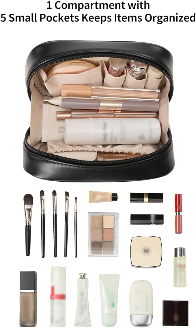 RIGHT AWAY Small Makeup Bag for Purse,Travel Cosmetic Bag Organizer for Women,Cute Make Up Pouch Waterproof Toiletry Bag with Zipper,Portable Makeup Case Skincare Bag for Travel Accessories(Black)