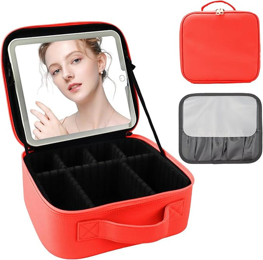 Travel Makeup Bag with LED Mirror and Light Travel Makeup Case Cosmetic Organizer Portable Cosmetic Brush Organizer Bag with Adjustable Dividers for Cosmetics Makeup Brushes Toiletry (Red)
