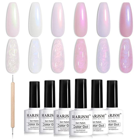 RARJSM Pearl White Gel Nail Polish Set Iridescent Mermaid Shell Glitter Gel Polish 6 Light Colors Purple Blue Pink Red Gold Shimmer Multichrome Swirl Thread Effect Soak Off Curing Requires