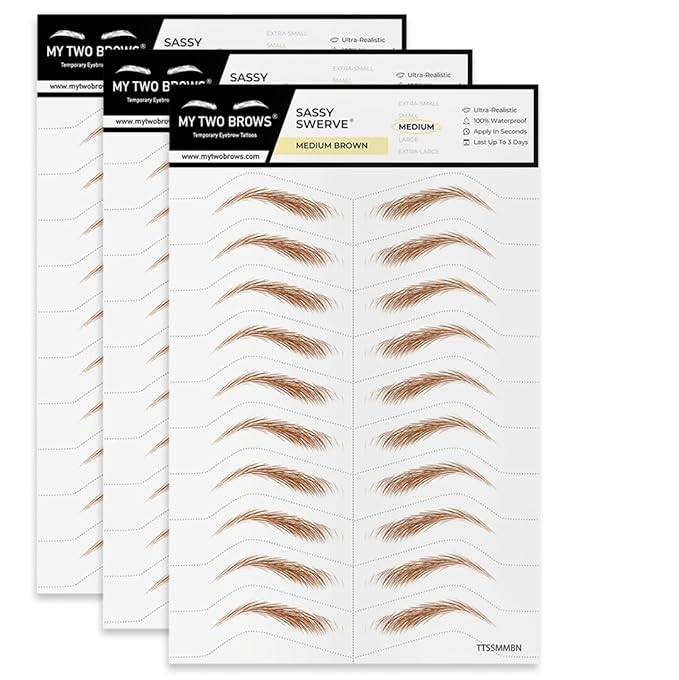30 Pairs Medium Brown Temporary Eyebrow Tattoos, Waterproof and Smudge-Proof Medium Sassy Swerve Style Realistic Eyebrow Stickers for Women, Easy to Apply, Won't Work on Existing Brows