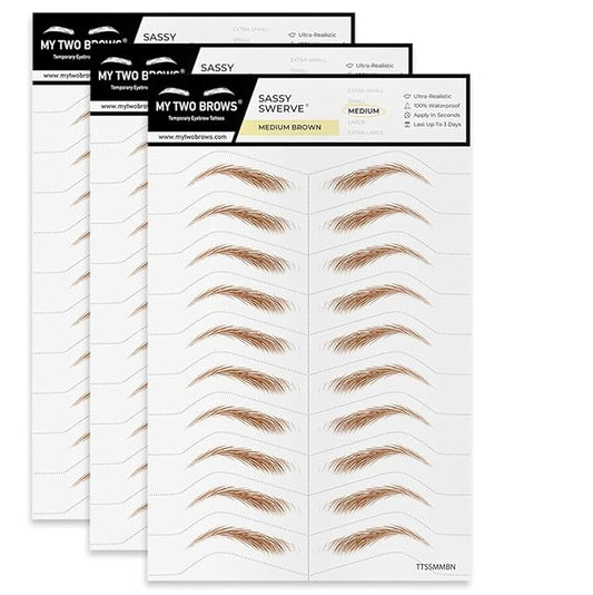 30 Pairs Medium Brown Temporary Eyebrow Tattoos, Waterproof and Smudge-Proof Medium Sassy Swerve Style Realistic Eyebrow Stickers for Women, Easy to Apply, Won't Work on Existing Brows