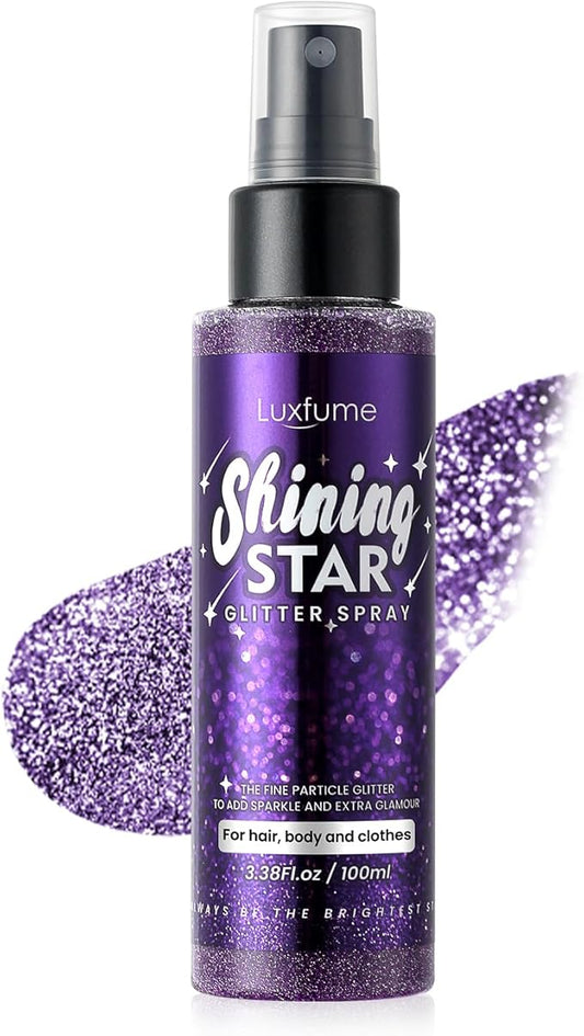 Body Glitter Spray, Glitter Hairspray, Purple Body Glitter Spray, Quick-Drying and Waterproof Glitter Hairspray, Nozzles are not Easily clogged, Long-Lasting Body Shiny for Stage Makeup, 3.38Oz