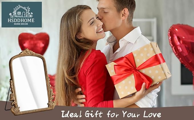 Small Gold Vintage Vanity Mirror, Antique Gold Wooden Framed Standing Tabletop Mirror, Traditional Chic Arch Makeup Mirror for Living Room, Bedroom, Bathroom, or Office Decor, 11.8" x 9.6"