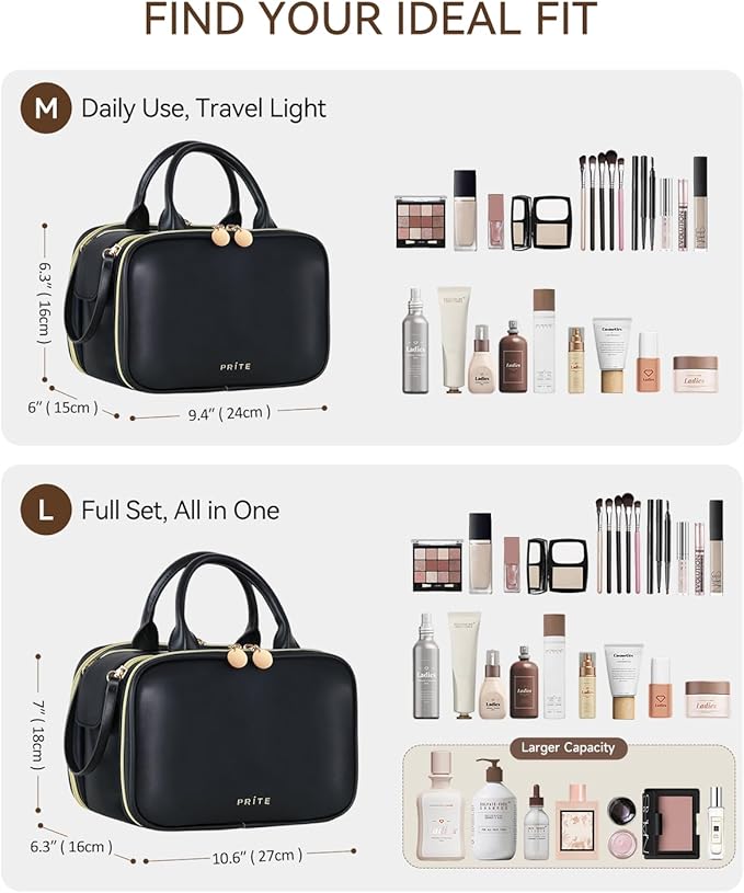 Prite Makeup Bag for Women, Large Capacity Waterproof Travel Cosmetic Organizer, Portable Open Flat Toiletry Bag with Free-standing Brush Holder and Handle(Black Large)