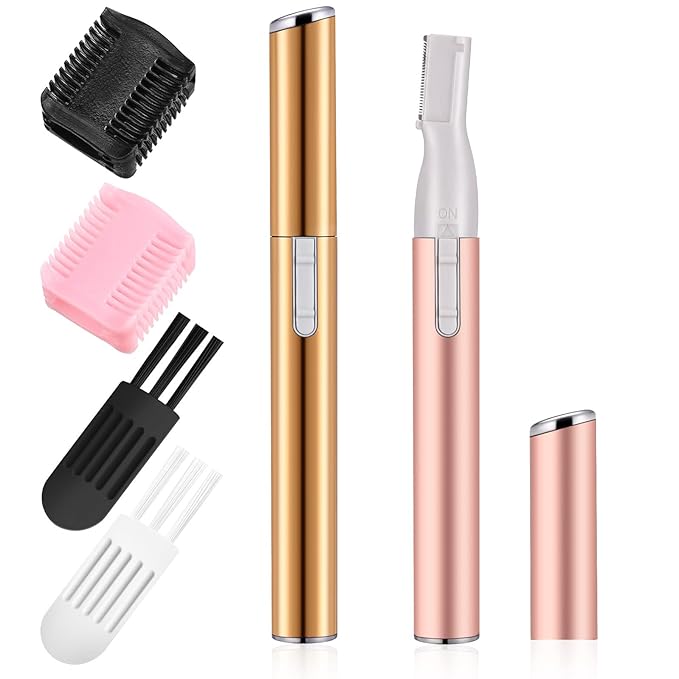 Chumia 2 Pcs Electric Eyebrow Trimmer Women Precision Face Razors Mini Shaver with Comb Christmas Women Gift Battery Operated Personal Epilator for Face Neck Fuzz Lips Leg(Gold, Light Pink)