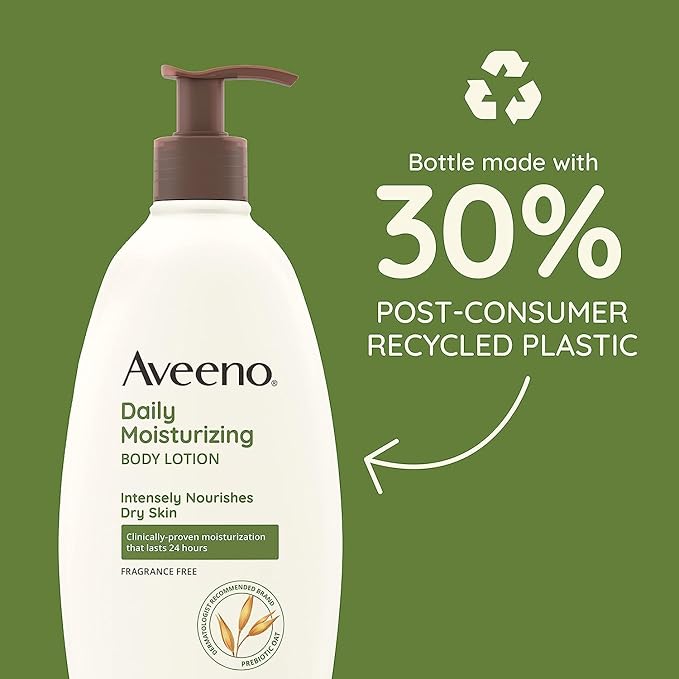 Aveeno Daily Moisturizing Body Lotion for Dry Skin with Prebiotic Oat, Fragrance & Paraben Free, Non-Greasy, Non-Comedogenic, for Sensitive Skin & 72-Hour Moisturizer 18 Fl Oz
