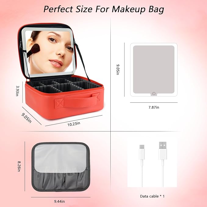Travel Makeup Bag with LED Mirror Travel Makeup Organizer with 3 Lighted Settings, Adjustable Dividers and Makeup Brush Storage Bag Red