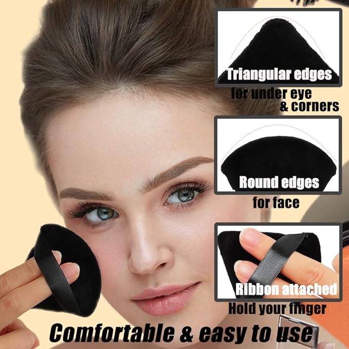 Ocim 4 Pcs Triangle Powder Puffs for Face Powder,Soft Velour Triangular Beauty Puff,Makeup Pressed, Baking & Setting Powder Sponge Applicator Pads with Case,black