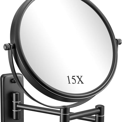 DECLUTTR 1X/15X Wall Mounted Makeup Mirror, 8" Double Sided Vanity Magnifying Mirror, 360° Swivel Extendable Bathroom Make Up Mirror, Black