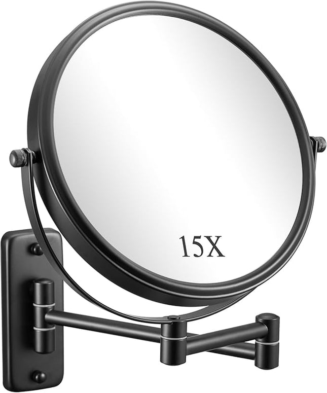 DECLUTTR 1X/15X Wall Mounted Makeup Mirror, 8" Double Sided Vanity Magnifying Mirror, 360° Swivel Extendable Bathroom Make Up Mirror, Black