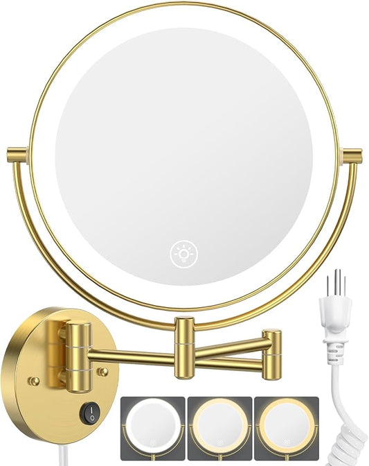 Benbilry 9" Large Wall Mounted Lighted Makeup Mirror, 1X/10X Magnifying 2-Sided AC Plug-in Powered Bathroom Mirror with 3 Color Lights, Touch Dimmable, Extended Arm 360° Rotation, Gold