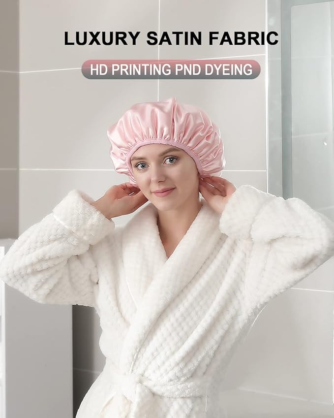 YIZIJIZI Terry Lined Shower Cap,Triple Layer Large Cap for Women,Shower Cap Reusable Waterproof,Long Thick Hair(Pink)