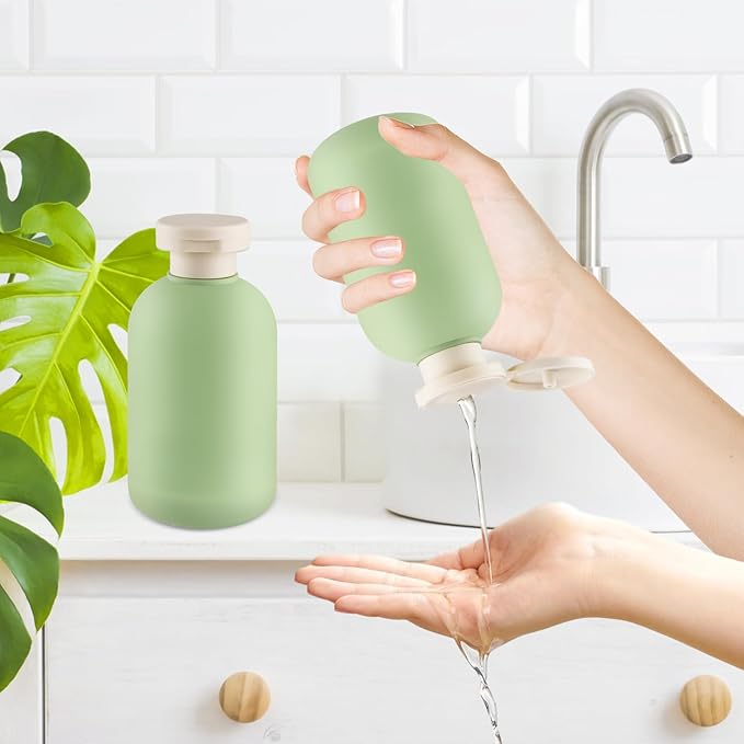 9 Pcs 6.8 oz Plastic Squeeze Bottles with Flip Cap,Empty Refillable Travel Shampoo Bottle Containers for Creams, Lotion,Body Wash, Conditioner,Silicone Funnel Included-Green