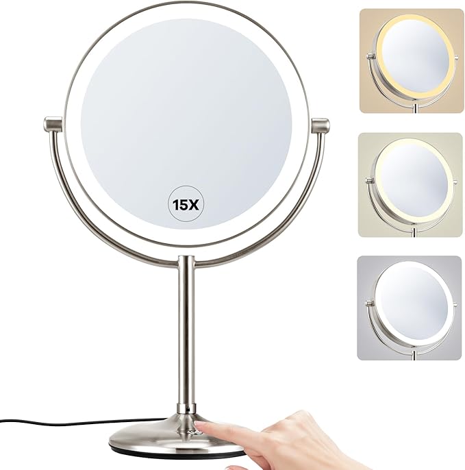 M MIVONDA Makeup Mirror with Lights,1X/15X Brushed Nickel Large Magnifying with Light, 360°Double Side Mirror,3 Color Lights & Adjustable Brightness Vanity Mirror,Gift for Christmas Day