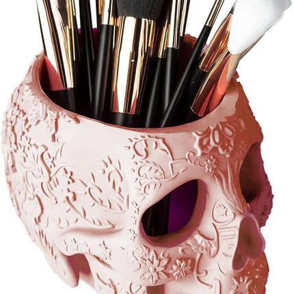 Skull Makeup Brush Holder, Pen Holder, Vanity, Desk, Office Organizer, Stationary, Decor Planter, Candy Bowl, Goth Decorations, Extra Large, Skulls Gothic Skull & Bones Organizer Bathroom (Cloud Pink)