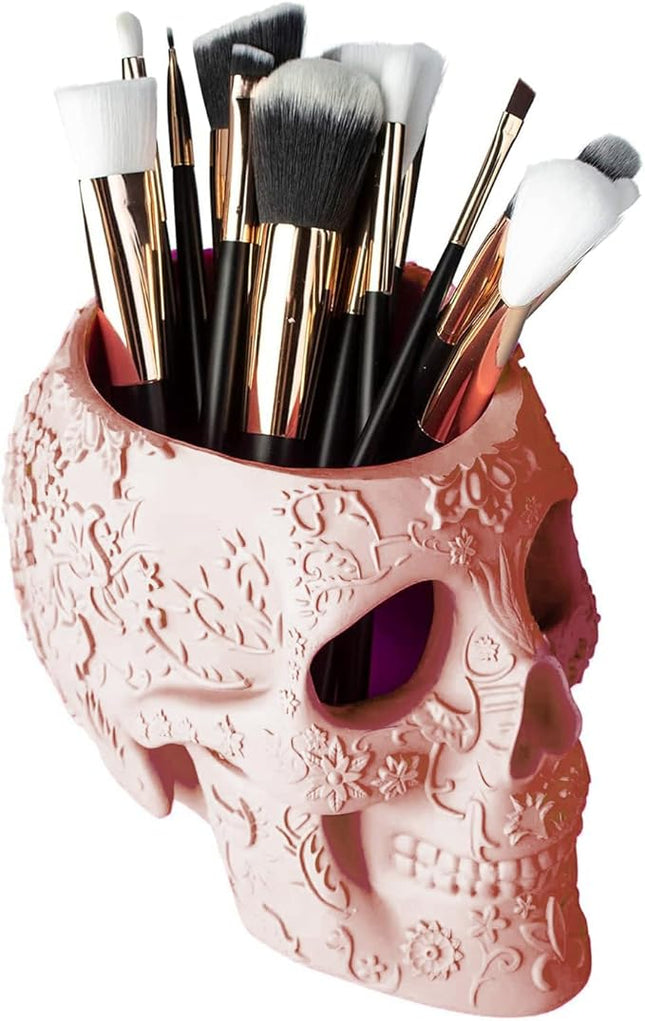 Skull Makeup Brush Holder, Pen Holder, Vanity, Desk, Office Organizer, Stationary, Decor Planter, Candy Bowl, Goth Decorations, Extra Large, Skulls Gothic Skull & Bones Organizer Bathroom (Cloud Pink)