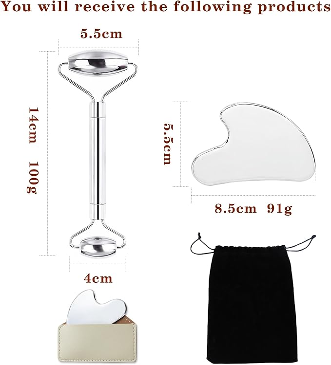 Stainless Steel Gua Sha and Face Roller Set Facial Massager Tools, Lymphatic Drainage Massager Metal Gua Sha Skin Self Care Gifts for Women, Face Sculpting Guasha for Body Eyes with Pouch