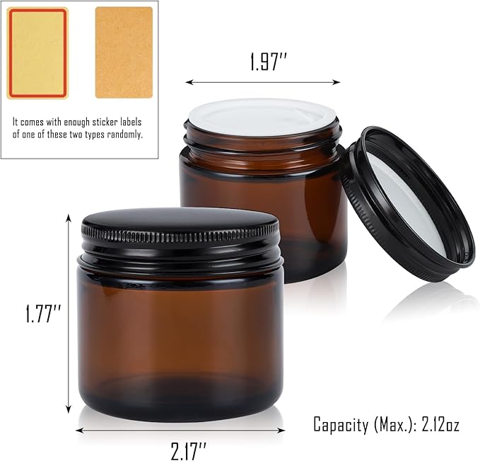 2oz Amber Glass Jars with Lids - 12 Pack Cosmetic Containers for Travel, Lotion, Cream