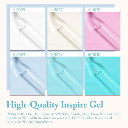 CANNI Gel Nail Polish Set – 6 Light Pastel Shades, 9ML Each, Including Blue, Mint, Green & Beige, HEMA-Free Soak-Off UV LED Gel for DIY or Salon Manicure