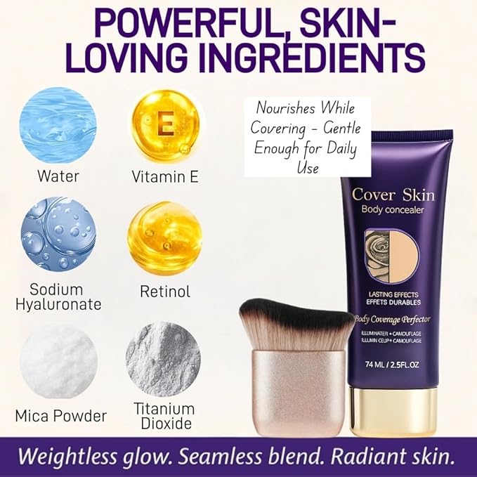 Body Concealer with Brush – Waterproof Full Coverage Body Foundation for Scars, Stretch Marks & Tattoos – Streak-Free Leg & Arm Makeup for Even Skin Tone and Natural Radiant Finish