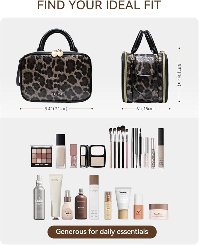Prite Makeup Bag for Women, Large Capacity Waterproof Travel Cosmetic Organizer, Portable Open Flat Toiletry Bag with Free-standing Brush Holder and Handle(Leopard Print Medium)