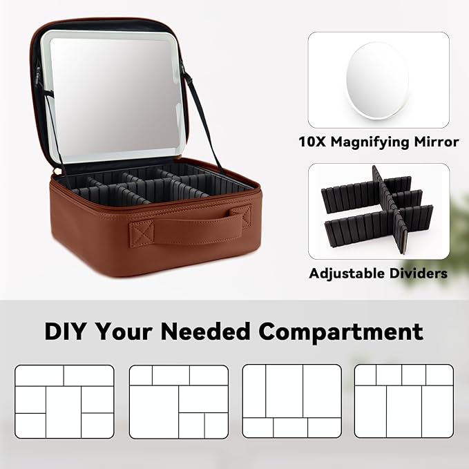 Travel Makeup Bag with LED Mirror and 10x magnifying glass with 3 Lighted Settings, Adjustable Dividers and Makeup Brush Storage Bag Dark Brown