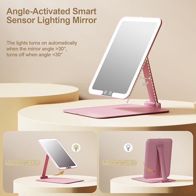 Benbilry Travel Makeup Mirror with Light, 15X Magnifying Mirror & 3 Color Modes, 1800mAh Rechargeable, Adjustable Height/Angle Stand, Foldable LED Vanity Mirror for Tabletop (Pink)