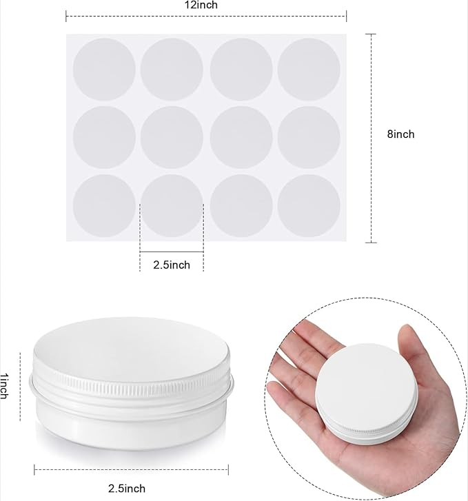Patelai 2 oz 120 pcs Metal Round Tins Aluminum Tin Cans Salve Tins Containers with Screw Lid 20 Sheets Stickers for Salve Spice Candies Balms Candles (White)