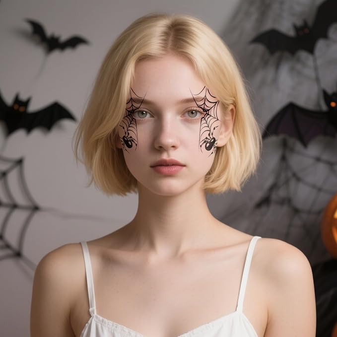 8Pcs Halloween Spider Face Tattoo, Spooky Spiderweb Halloween Face Tattoos, Face Temporary Tattoo Sticker, Temporary Makeup Tattoo Stickers for Halloween Stage Masquerade Party