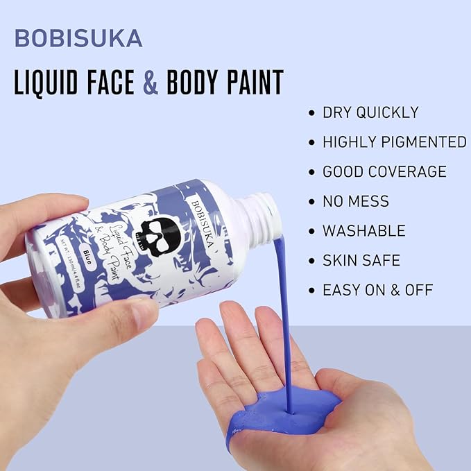 BOBISUKA Blue Face Body Paint Liquid Texture Washable Non Toxic Facepaint Fast Drying Foundation Makeup for Halloween Avatar Corpse Bride Smurf Cosplay SFX Costume Party Large Capacity(130ml)