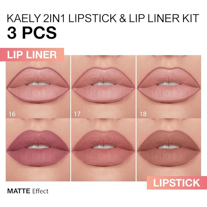 Kaely 3Pcs Gradient Matte Lipstick Lip Liner Pencil Set for Women, 2in1 Flawless Contour Gradual Ombre Effect Lip Pencil Makeup Waterproof, labiales mate 24 horas originales, 16+17+18
