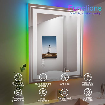 LED Mirror for Bathroom, 20"X28" with 8 RGB Backlit +3 Front Lit (Adjustable Individually), Anti-Fog, Lighted Bathroom Vanity Mirror for Wall, Shatterproof, Memory Function, Tempered Glass
