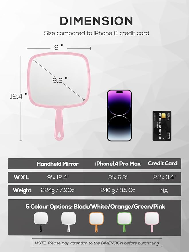 Extra Large Handheld Mirror，Hand Salon Mirror with Handle for Barbers, Hairdressing (Pink，12.4" Lx 9" W)