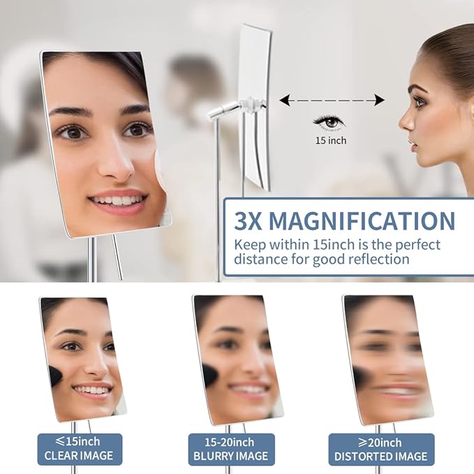 DOWRY 8 Inch 3X Magnified Tabletop Rectangular Adjustable Makeup Mirror,304 Stainless Steel,Polished Chrome 2234(3X)