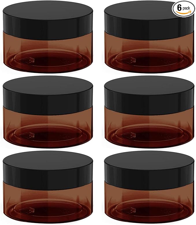 8 oz Amber Plastic Cosmetic Jars Leak Proof Container with Black Lid for Cream, Lotion, Powder, ointment, Beauty Products etc, 6 Pcs.