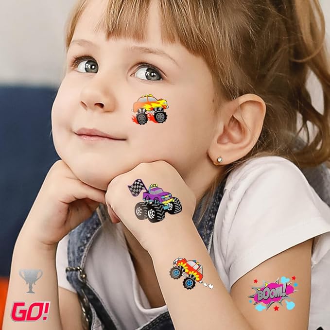 75PCS Toddler Tattoos Hot Wheel Birthday Decorations Hot Wheels Party Favors, Kids Tattoos Temporary for Boys Monster Truck Tattoo Halloween Tattoo Racing Car Flag Stickers