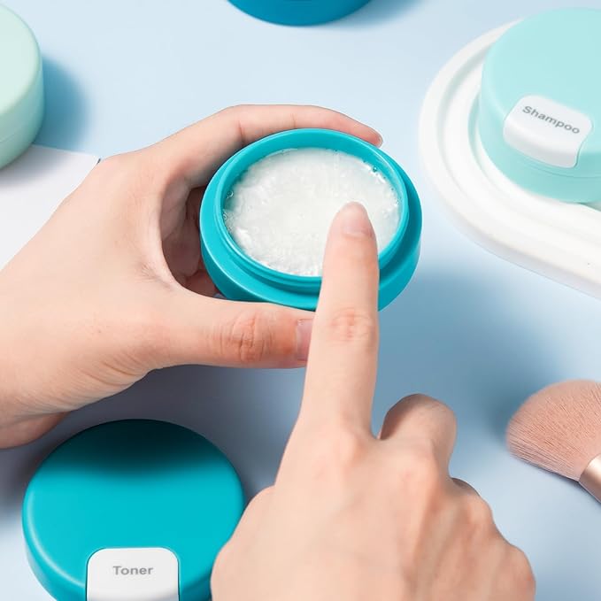 Gemice Travel Containers for Toiletries, Magnetic Travel Containers, TSA Approved Cream Jars with Toiletry Bag, Leak-proof Small 1oz Capsules Set with Multiple Labels for Organization (4 Pack)