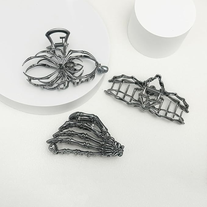 3 Pieces Large Metal Spider Net Hand Hair Claw Clips for Women and Girls Thick Long Hair, Nonslip Skeleton Spooky Barrette Headband Hair Styling Accessories for Halloween Christmas Gifts