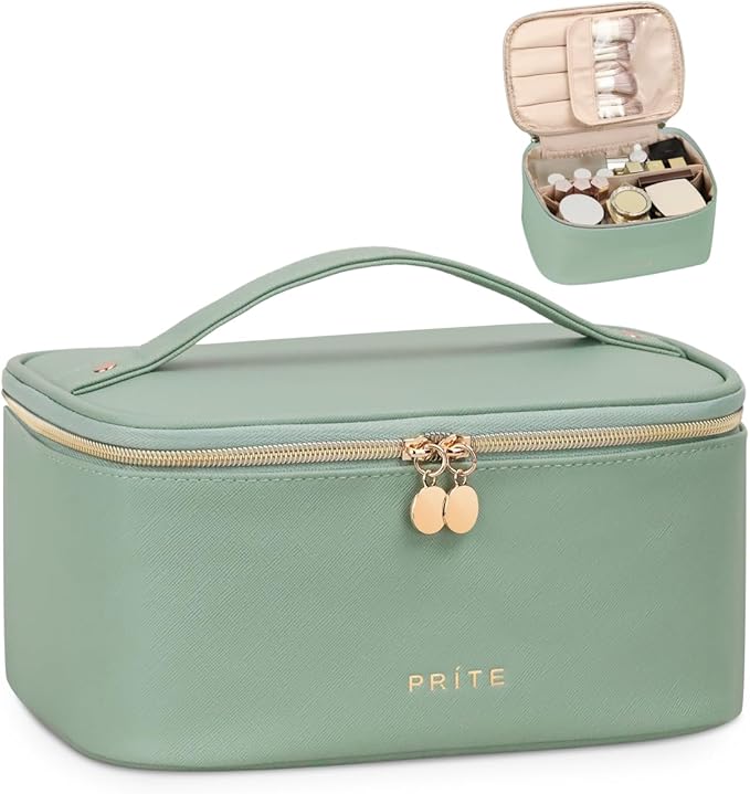 Prite Makeup Bag Portable Cosmetic Organizer with Brush Holder Waterproof Travel Toiletry Bag for Women with Handle and Divider (Green)