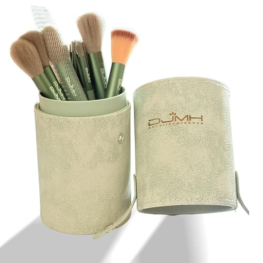 DJMH 13-Piece Makeup Brush Set with Storage Holder, Professional Cosmetic Brushes with Leather Case (green)