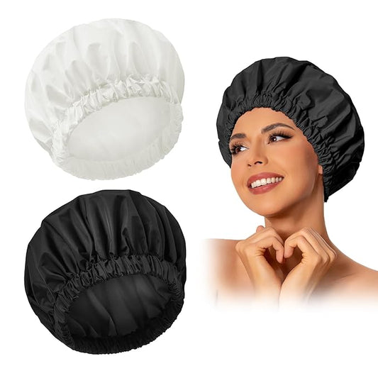 Reusable Shower Cap for Women, Large Waterproof Shower Bonnet Washable Elastic Band Bath Accessories Hair Hat for Long Hair, Braids(Black&White)