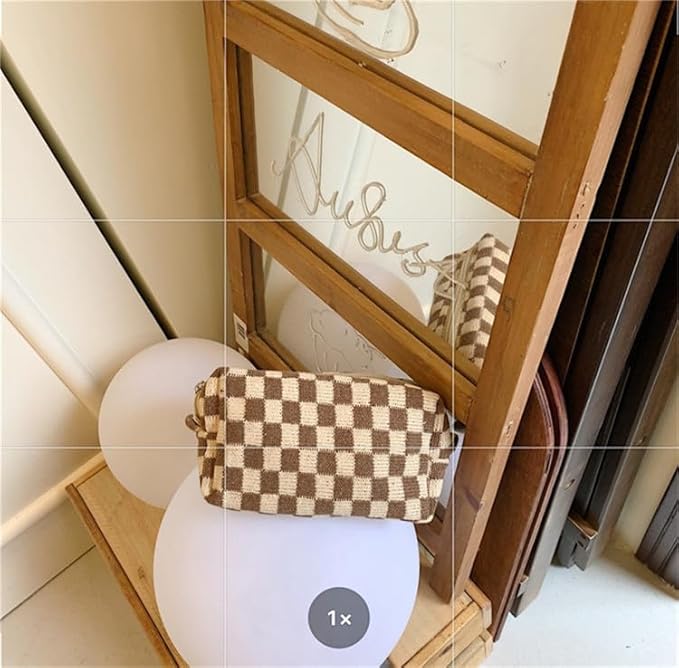 PAZIMIIK Checkered Makeup Bag for Purse Portable Zipper Make Up Pouch Small Cosmetic Case for Travel Accessories (2PCS Coffee)