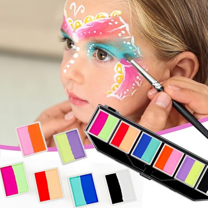 Face Paint Kit, 6 Colors, Water-Based, Kid-Friendly, Stage Makeup, Holiday Body Paint, With two brushes, Fluorescent, Quick Dry, Easy to Use, Vibrant Colors, Washable, Safe