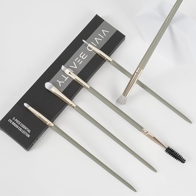 Eye Makeup Brush Set 5pcs - Eyeshadow, Blending, Concealer & Dual-Ended Brow Brushes - Small Travel Make up Tools with Wood Handle & Fluffy Bristles for Natural, Smoky and Glam Eyes Looks (Grey)