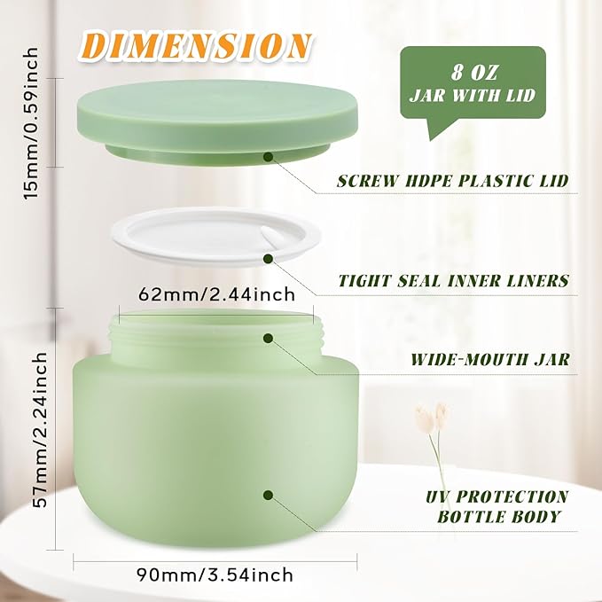 4 Pack 8 OZ Plastic Jars Round Cosmetic Container with Lids,Wide Mouth Soft Slime Jars for Lotion,Hand Cream,Ointments,Makeup,Body Butter,Rhinestone,Samples Pot Travel Make Up Storage (Green)